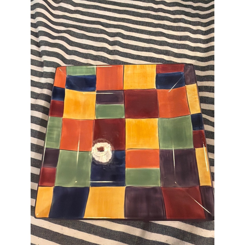 Tabletops Gallery Caracas Square Platter Hand Painted Patchwork 10.5in